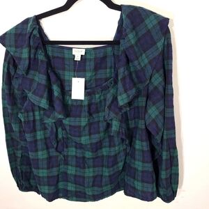J Crew Women's Size XL Flannel‎ Square Neck Ruffle Shirt Cotton Navy/Green NWT